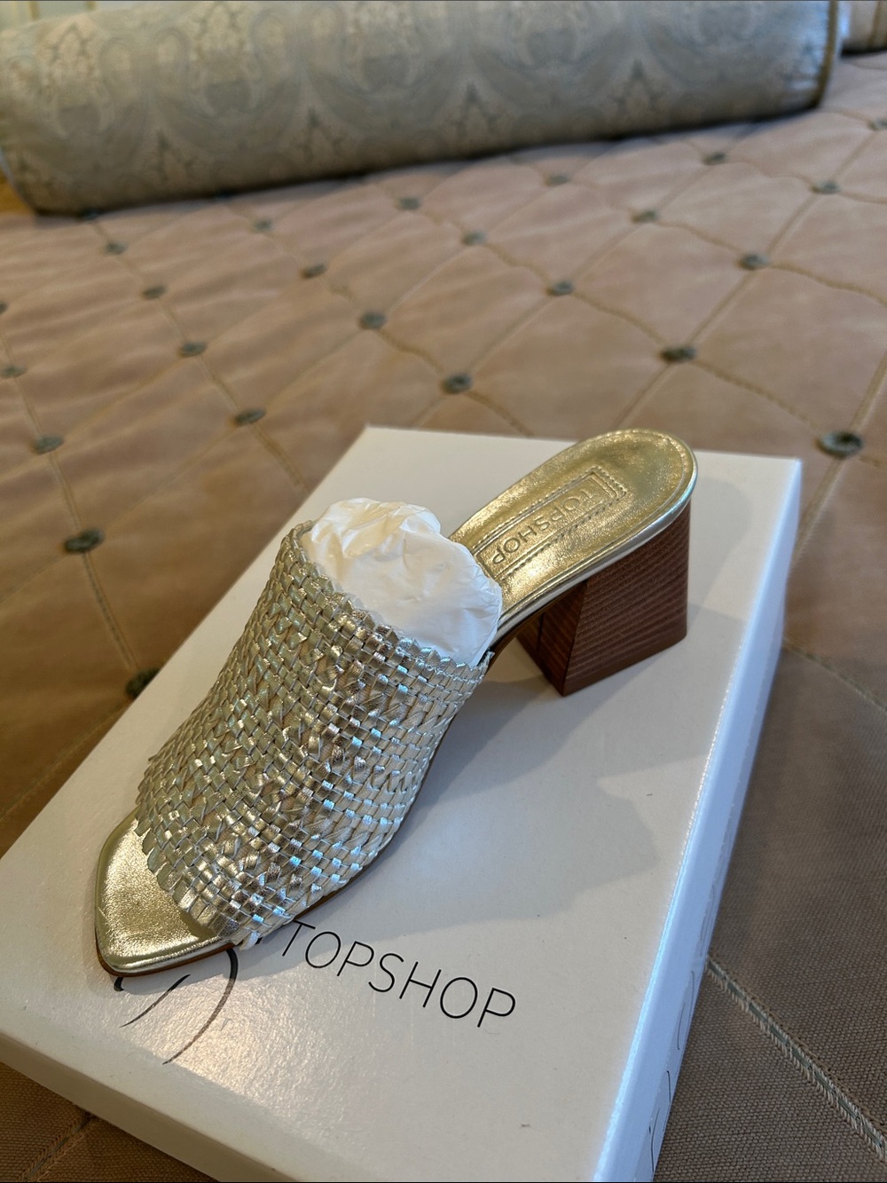 Topshop Gold Woven Block Heel Mule